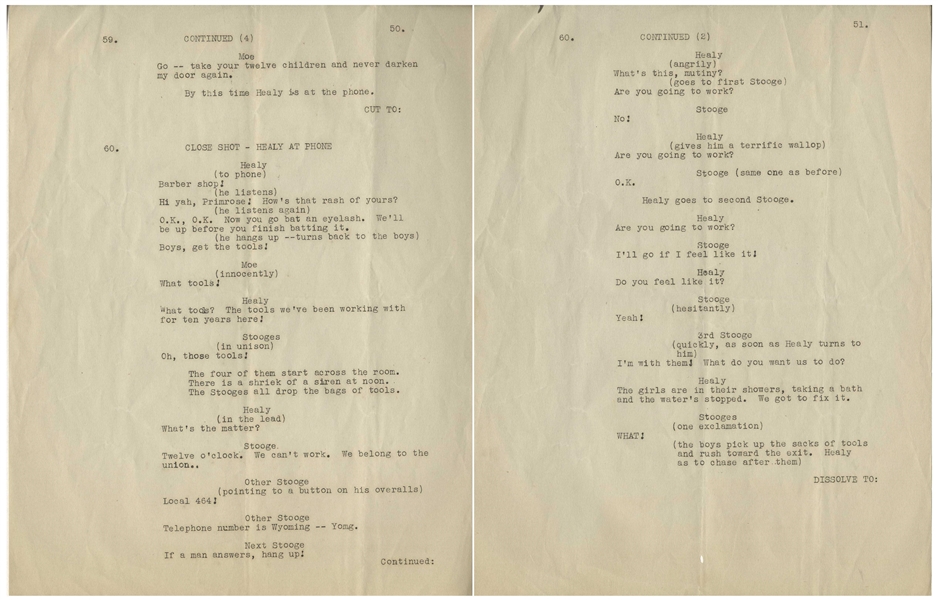 Moe Howard's 6pp. Partial Script From Meet the Baron With Ted Healy -- Dated 14 August 1933, Titled as Jack Pearl Story -- Pages Are Portion of Movie Featuring Healy & Stooges -- Very Good
